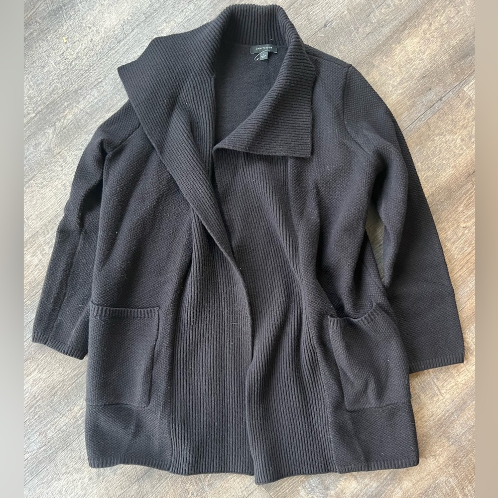 Ann Taylor Black Long Open Front knit Cardigan